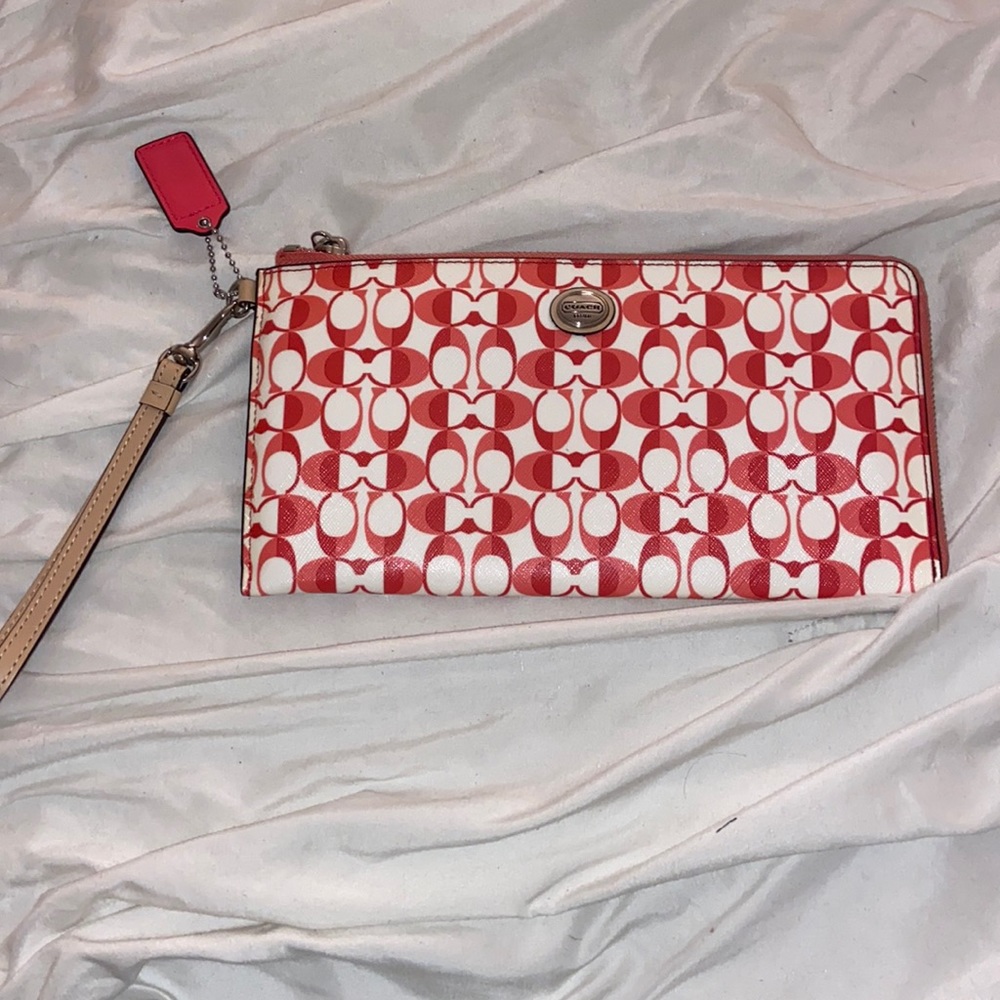 Coach pink and white zip wristlet
